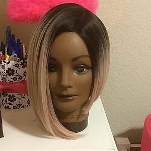 Ombre Light Rose Pink Lace Front Synthetic Bob Wig